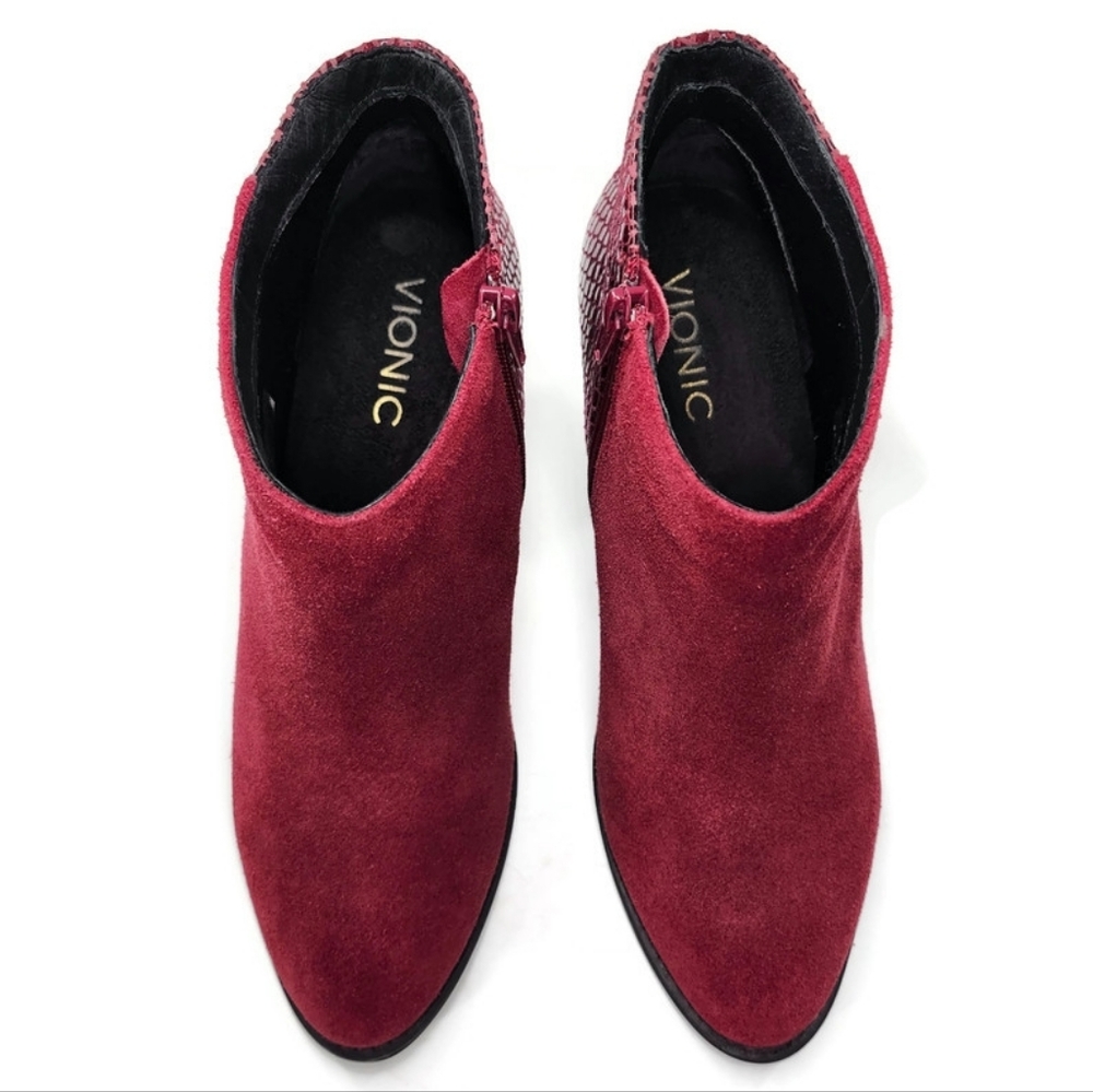 Vionic Bromley Cabernet Red Suede & Textured Snake Print Block Heel Ankle Boots - Picture 6 of 13
